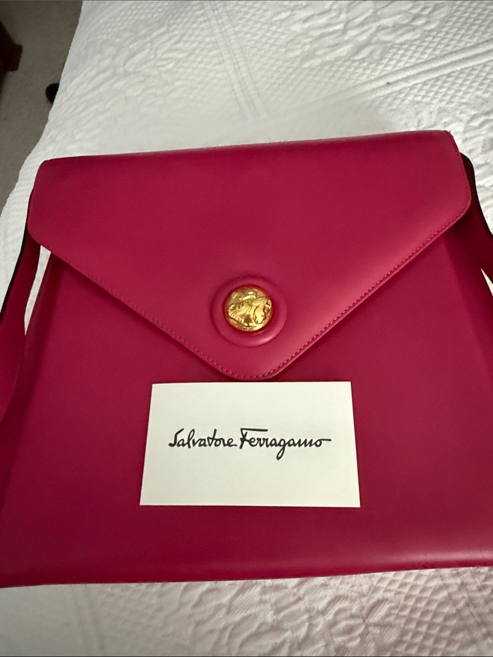 Salvatore Ferragamo Fuchsia Leather Envelope Crossbody with Gold Medallion - Picture 8 of 13